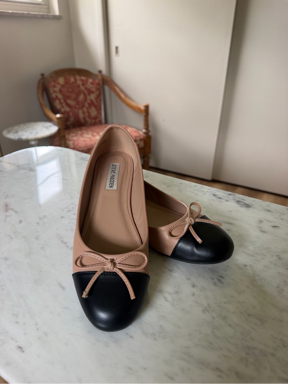 Steve Madden Black Toe and Nude Pink Ballet Flats with Bow